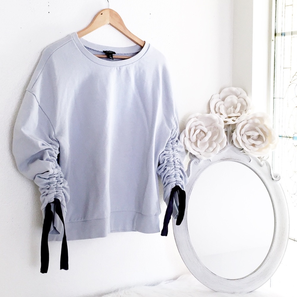 Halogen Blue Drawstring Rouched Sleeves Pullover